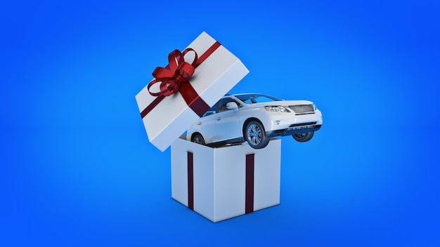 Een witte auto zit in een geschenkdoos met een rood lint eraan.
