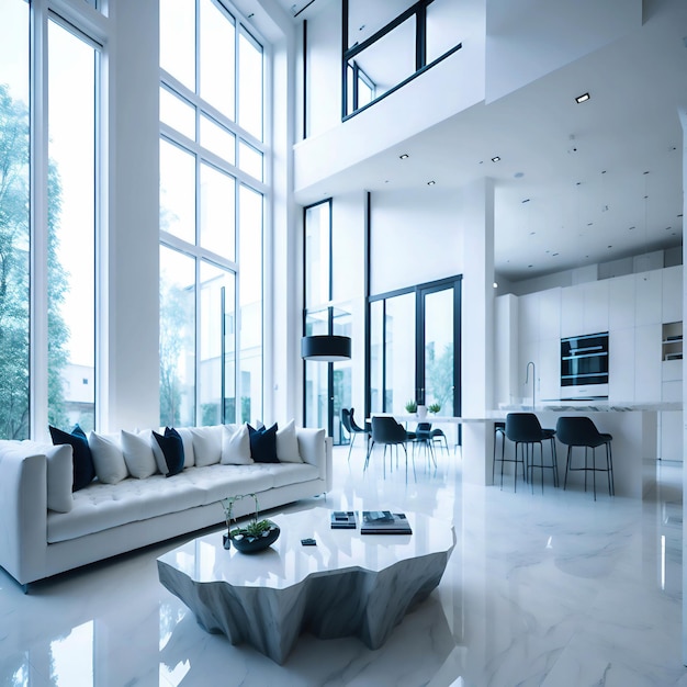 Een witte bank met zwarte kussens staat in een grote kamer met een tafel en stoelen.