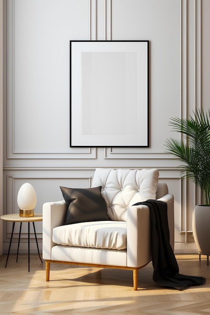 Een witte bank zitten in een woonkamer naast een tafel met een plant op het en een beeld frame op de