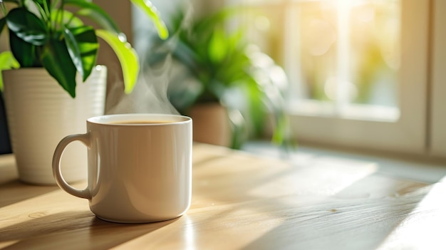 Een witte beker met stoom op een tafel met achtergrondverlichting door zonlicht die een gezellige sfeer creëert met een vervaagde groene plant op de achtergrond die warmte en ontspanning overbrengt