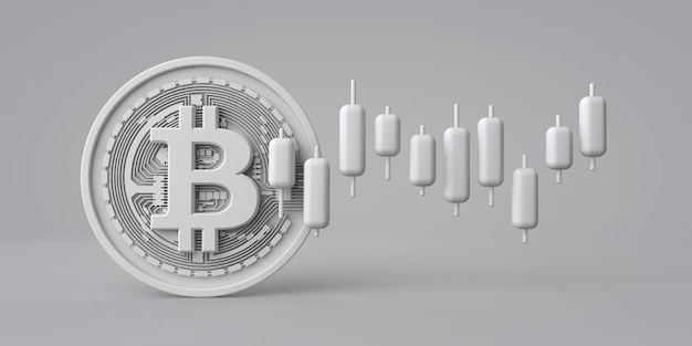 Een witte bitcoin cryptocurrency munt met beurshandel grafiek d rendering