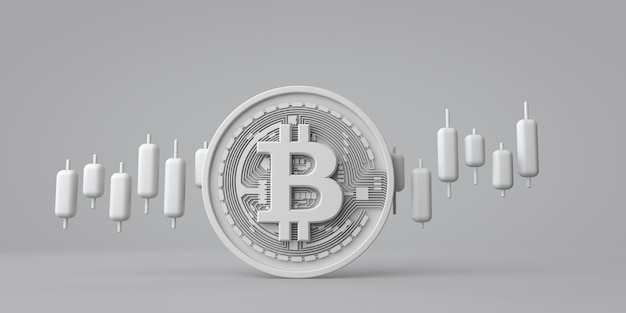 Een witte bitcoin cryptocurrency munt met beurshandel grafiek d rendering