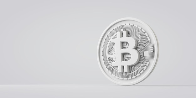 Een witte bitcoin cryptocurrency munt tegen een grijze achtergrond d rendering