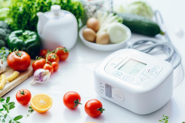 Foto een witte bloeddrukmeter zit op een tafel met een verscheidenheid aan groenten