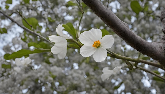 een witte bloem met een geel midden en het woord lente erop