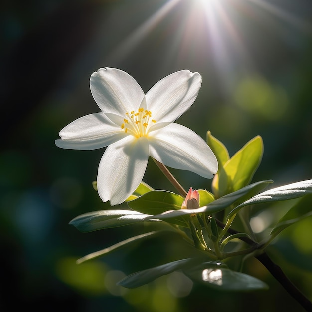 Een witte bloem met een rood hart is omgeven door groene bladeren.