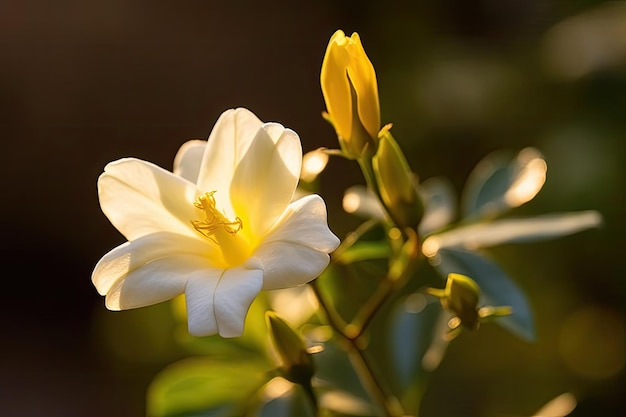Een witte bloem met gele bloembladen en een geel hart staat in het zonlicht.
