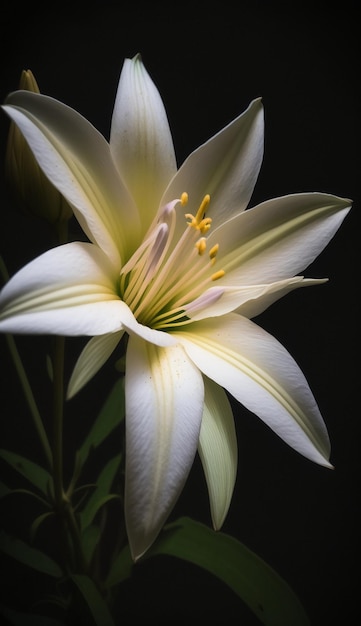 Een witte bloem met gele meeldraden en een zwarte achtergrond.