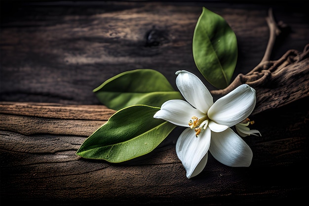 Een witte bloem op een houten achtergrond