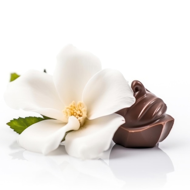 Een witte bloem staat naast een chocoladesculptuur.
