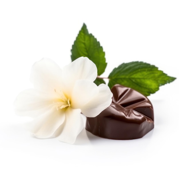 Een witte bloem staat naast een chocoladetruffel.