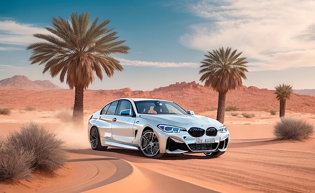 Een witte BMW rijdt door de woestijn