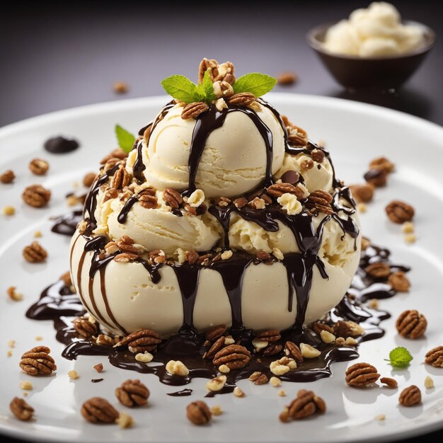 Een witte bord met een berg vanille-ijs op de top, gedroogd in chocoladesaus en gehakt