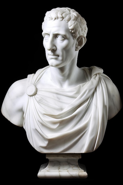 Een witte buste van een romeinse man met een kraag om zijn nek.