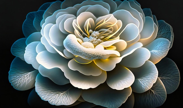 Een witte camelia, de ingewikkelde lagen bloemblaadjes en het delicate centrum vastgelegd in een close-up shot