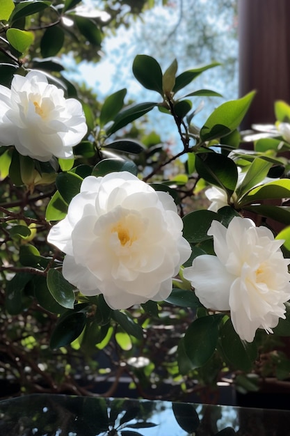 Een witte camelliaplant met een groene struik op de achtergrond.