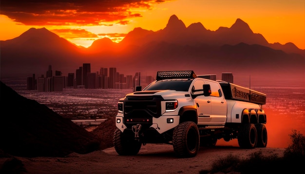 Een witte chevy truck met een berg op de achtergrond