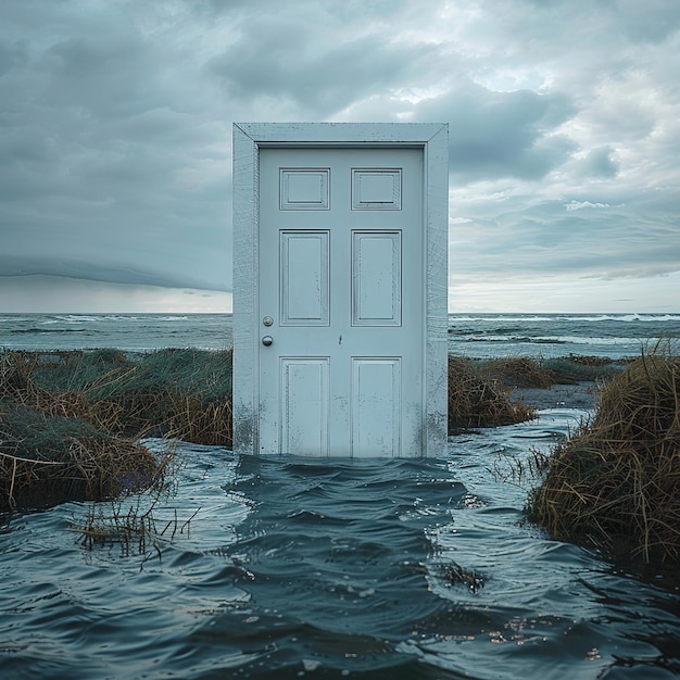 Foto een witte deur in het water met de deur open