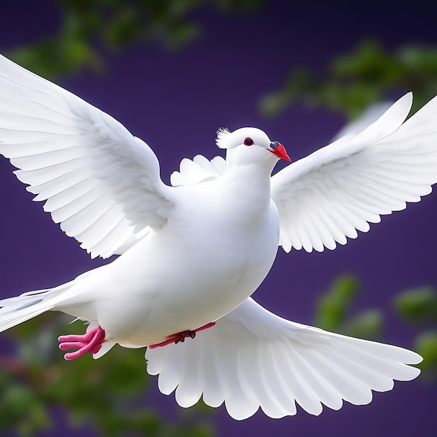 Een witte duif met een rode snavel vliegt in de lucht.