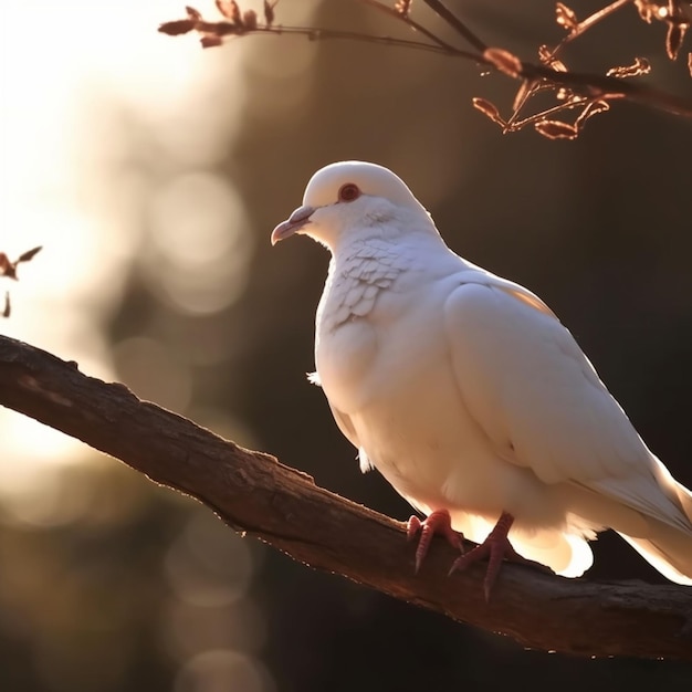 Een witte duif met een rood oog zit op een tak.