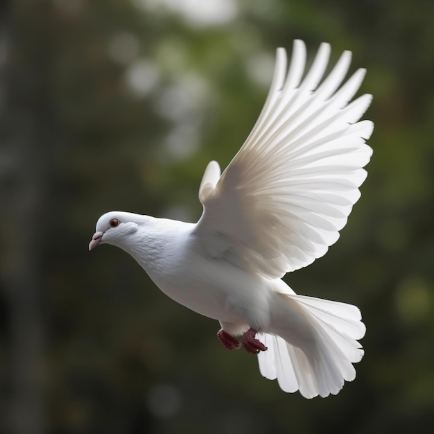 Een witte duif met uitgespreide vleugels vliegt in de lucht.