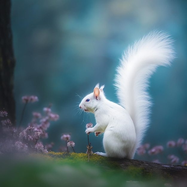 Een witte eekhoorn met een dichtbegroeide staart zit op een boomstam in een bos.