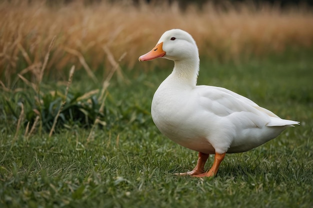 een witte eend die in een veld staat