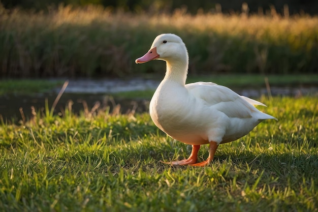 een witte eend die in een veld staat