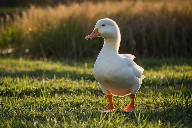 een witte eend die in een veld staat