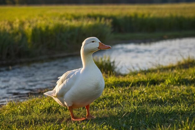 een witte eend die in een veld staat