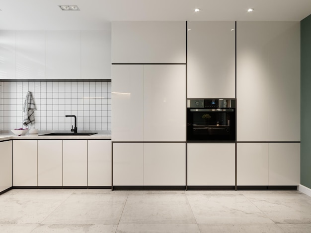 Een witte eigentijdse keuken met glanzende lambrisering en groen-witte muren met een wijnrek en inbouwapparatuur 3D-rendering