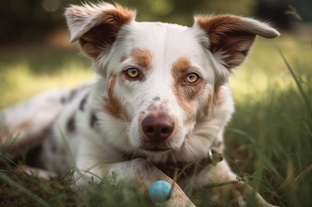 Een witte en bruine hond ligt op het gras in een charmante close-up verticale foto met een speeltje