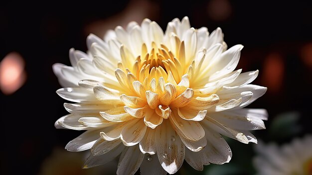 Een witte en gele bloem met een geel midden en het woord chrysanthemum onderaan.