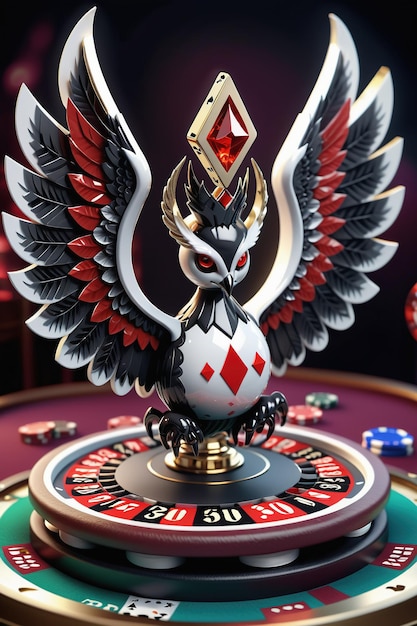 een witte en zwarte vogel met rode ogen zit bovenop een pokerchip