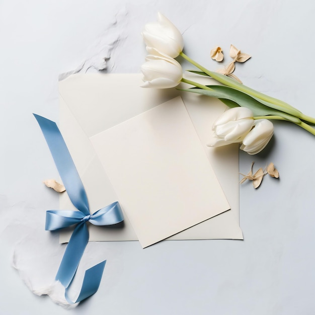 Een witte envelop met een blauw lint ligt naast een kaart en een boeket witte tulpen.