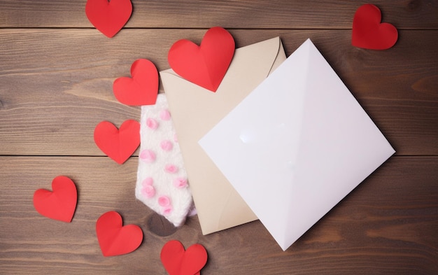 Een witte envelop met een rood hart op een houten tafel.