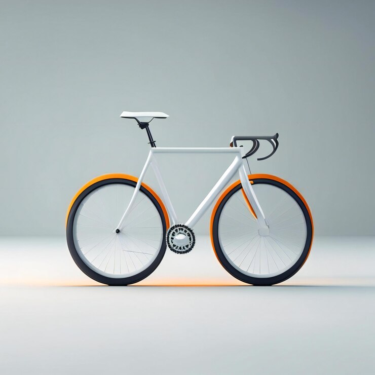 Foto een witte fiets met een zwart en oranje ontwerp aan de voorkant.