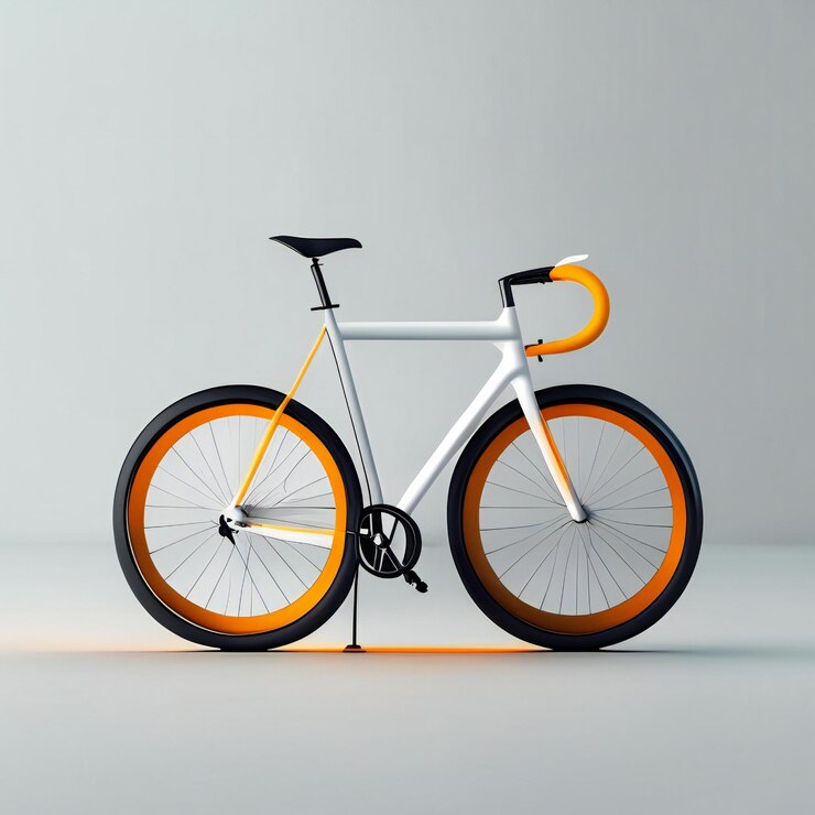 Foto een witte fiets met oranje en zwarte velgen en een wit frame.