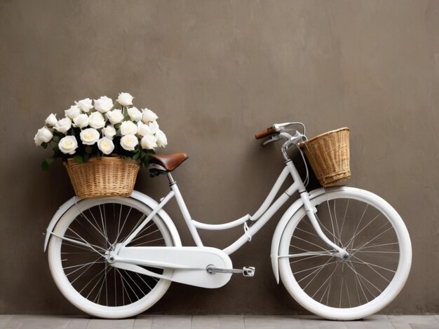 Een witte fiets versierd met manden vol witte rozen