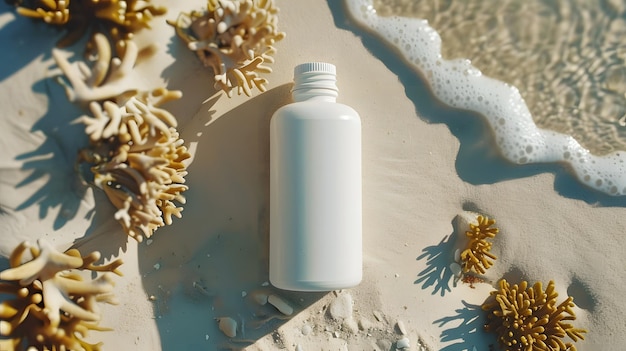 Een witte fles zit op een zandstrand naast zeewier en koraal.