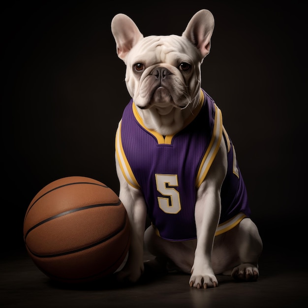 Foto een witte franse bulldog die basketbal speelt