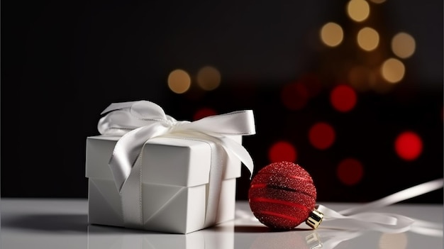 Een witte geschenkdoos met een rode kerstbal erop en een rode kerstbal op tafel.