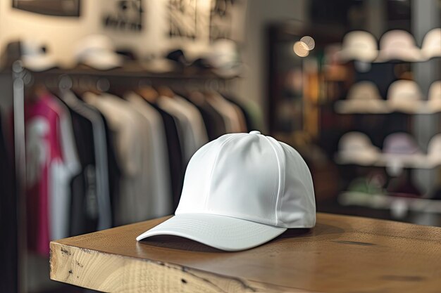 Foto een witte hoed zit op een tafel voor een kledingrek