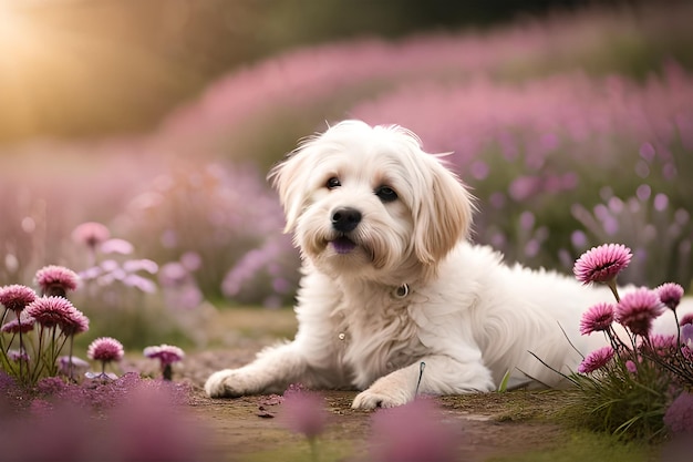 Een witte hond die in een bloemenveld ligt