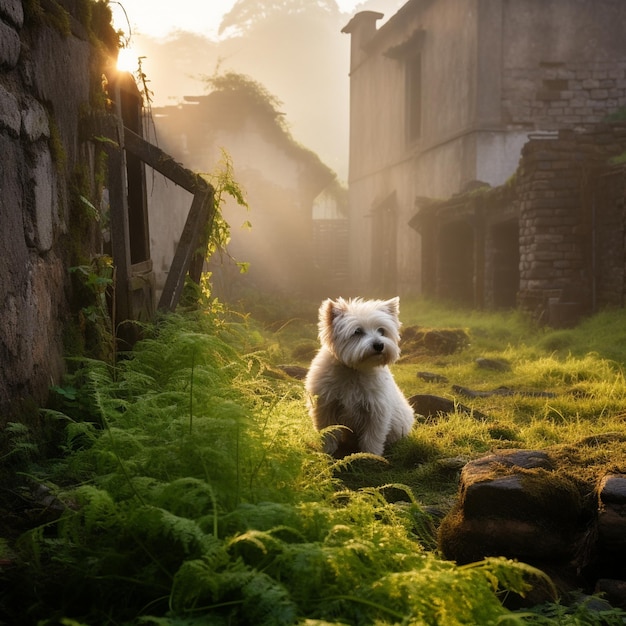 een witte hond die voor een hek in het gras zit.