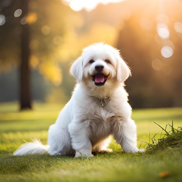 Een witte hond zit in het gras en heeft het woord hond erop.