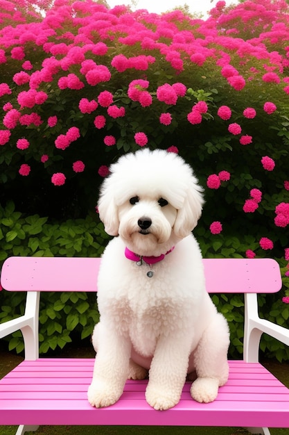 Een witte hond zit op een roze stoel voor een bos bloemen.