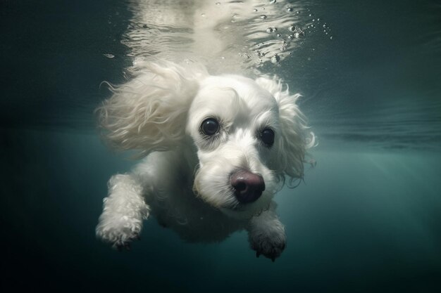 Een witte hond zwemt onder water en kijkt naar de camera.