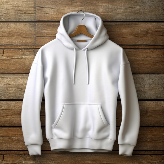 Een witte hoodie op een houten muur met een houten achtergrond