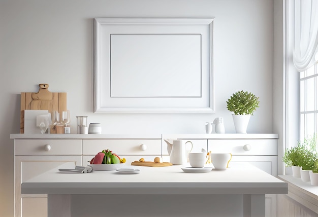 een witte ingelijste foto hangt aan een muur boven een tafel.